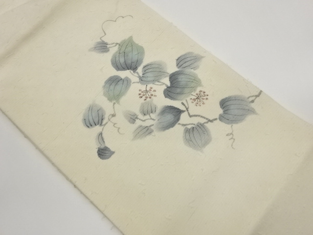 Nagoya obi with hand-drawn leaf and fruit pattern on hige tsumugi pongee
